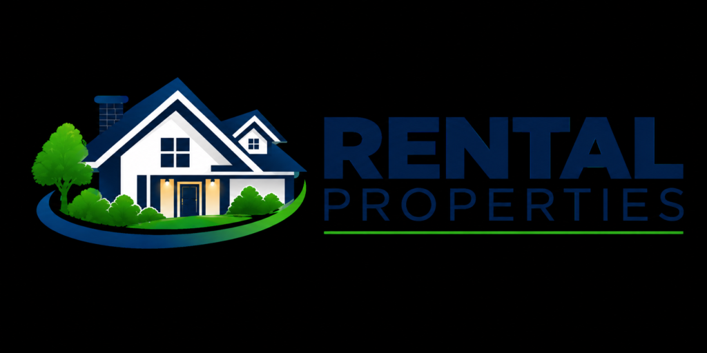 Rental Properties logo featuring a house, trees, and bold blue and green text
