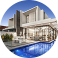 Modern luxury house with large windows and swimming pool