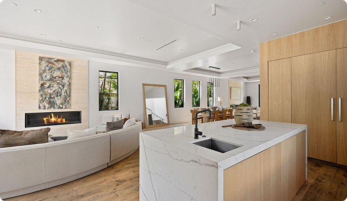 Modern luxury home interior with kitchen and living space
